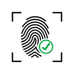Stylized black fingerprint with a green checkmark circle, symbolizing secure biometric authentication and digital identity verification. Modern tech concept.