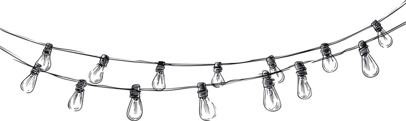 String of hanging light bulbs in black and white line drawing, decorative illustration. Vector illustration
