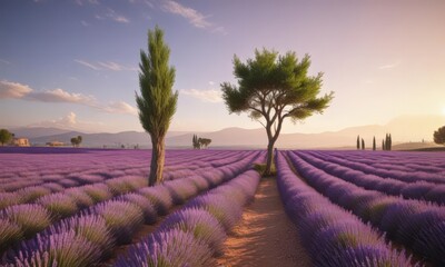 Rolling lavender, solitary cypress tree, Provence sun ,  sun,  natural