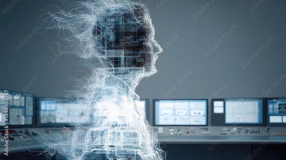 Poster operator in control room visualizing data with advanced technology