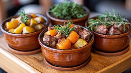 Lamb stew with rosemary, and clay pots.