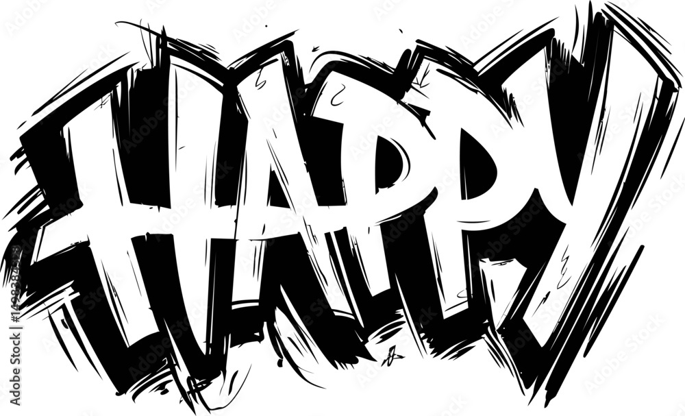 Poster black and white graffiti style illustration of the word happy with dynamic lines. vector illustratio
