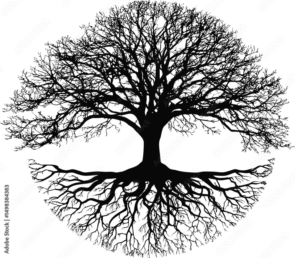 Aufkleber Black and white silhouette of a tree with branches and roots in a circular pattern. Vector illustration