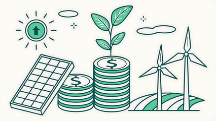 A vector illustration symbolizing sustainable finance: a stack of coins or money with a plant growing from it, alongside icons of renewable energy like a solar panel and wind turbine. 