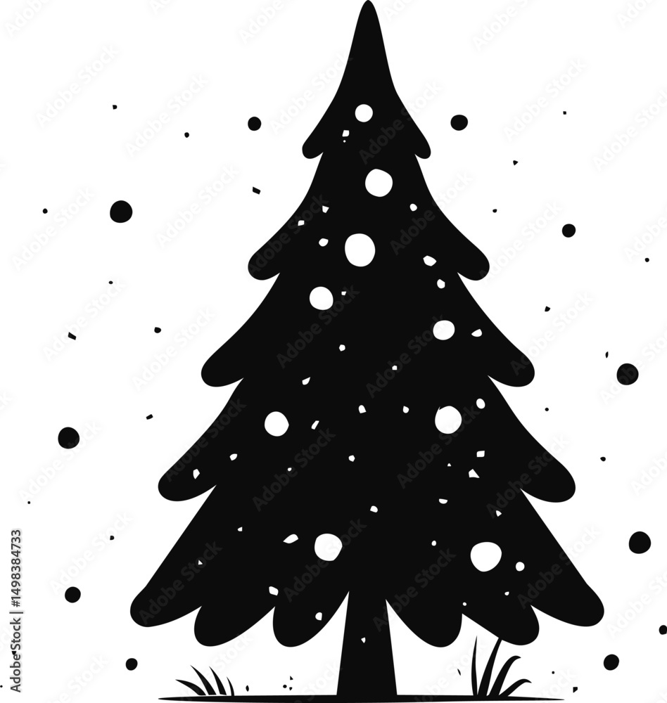 Aufkleber silhouette of a snow-covered pine tree with snowfall on white background. vector illustration