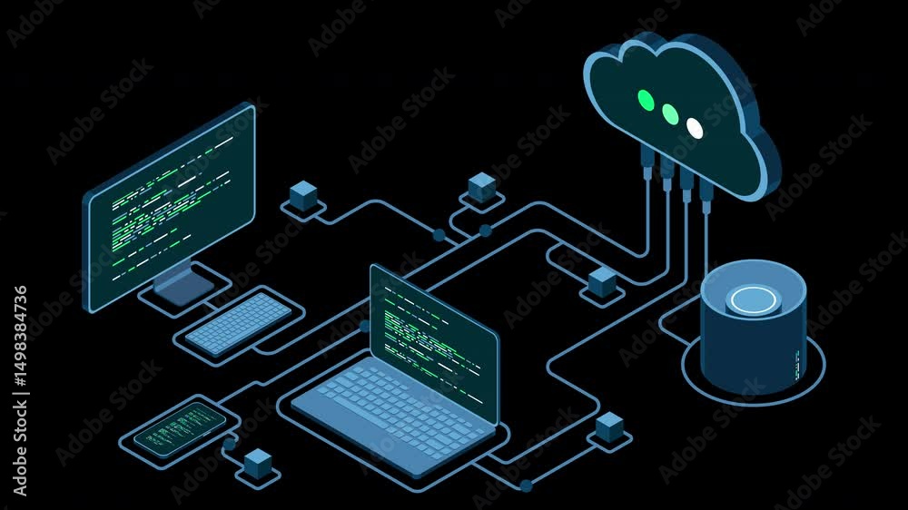 Fototapete Cloud technology computing animation. Modern cloud technology. Data center isometric concept. Isometric cloud technology with datacenter. Web hosting concept. Transparent background with alpha channel