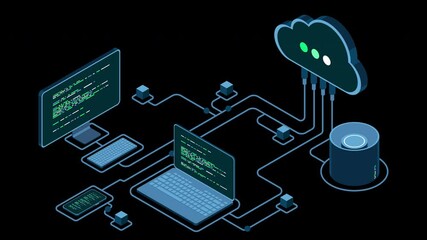 Cloud technology computing animation. Modern cloud technology. Data center isometric concept. Isometric cloud technology with datacenter. Web hosting concept. Transparent background with alpha channel