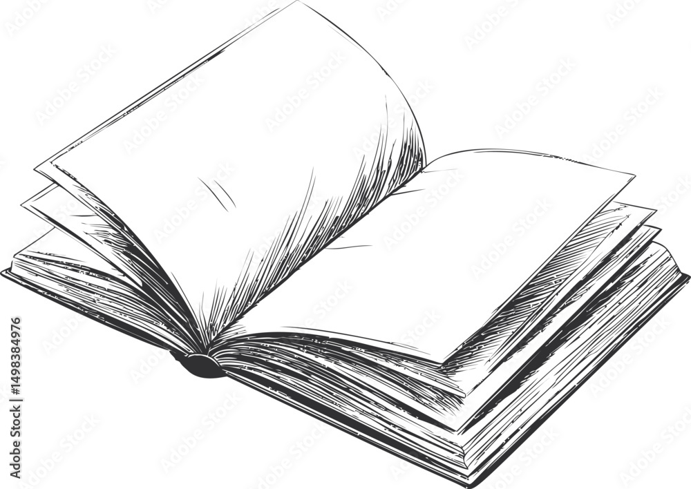 Poster black and white sketch of an open book with detailed shading. vector illustration