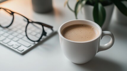Morning coffee and keyboard on a bright desk, ready for a productive day