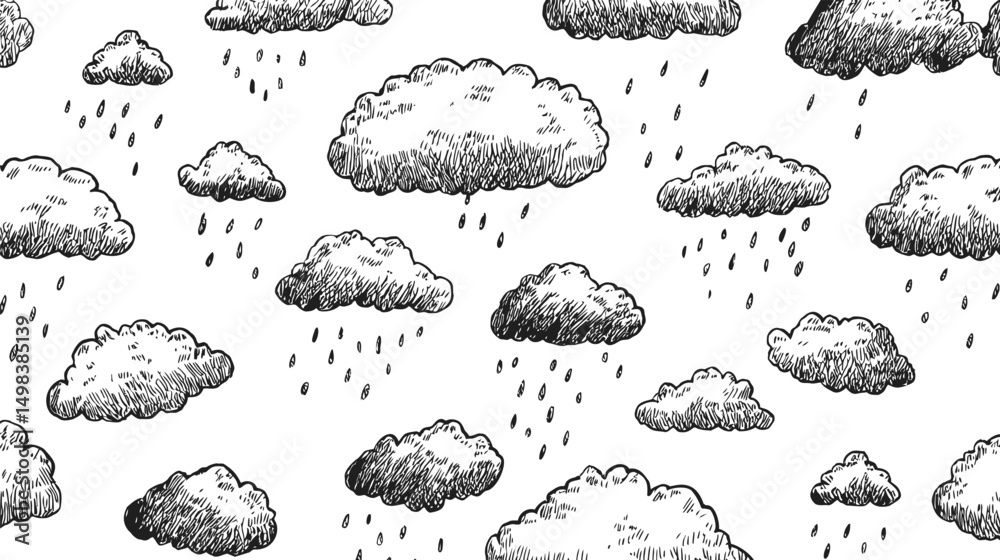 Poster hand-drawn fluffy clouds with raindrops pattern on white background. vector illustration