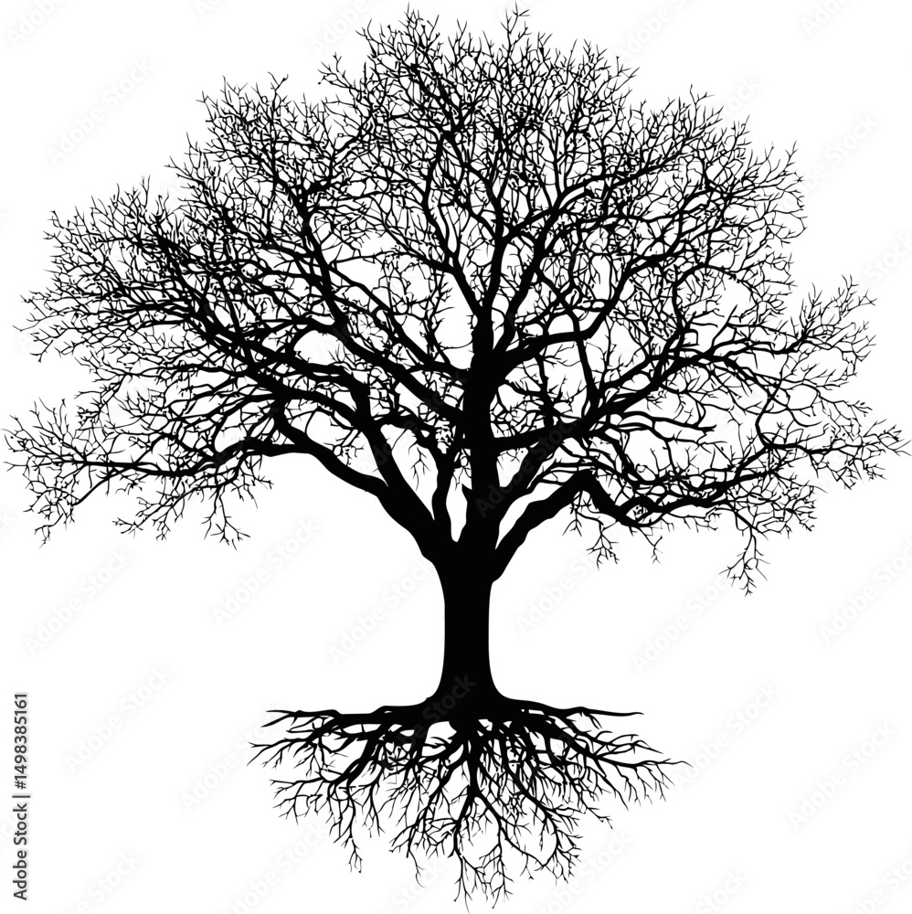 Poster black silhouette of a tree with roots displayed on a white background, vector art. vector illustrati