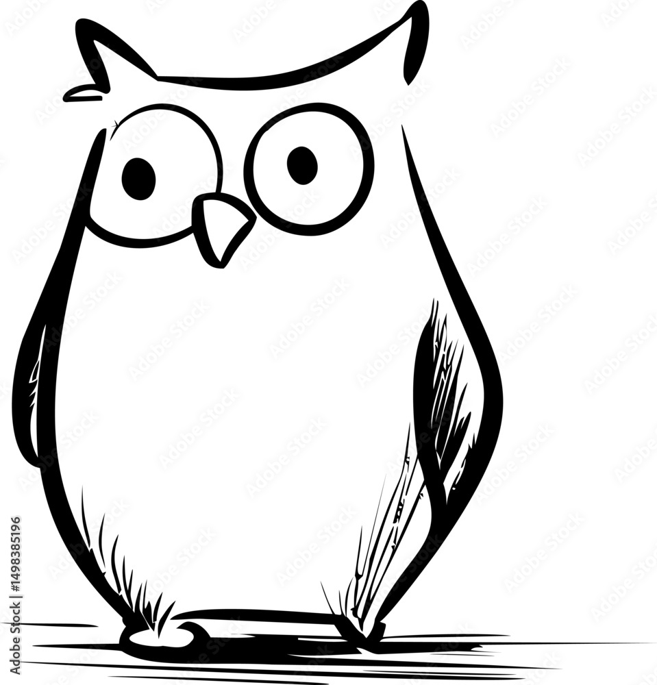 Poster outline drawing of a surprised cartoon owl with large eyes and whimsical expression. vector illustra