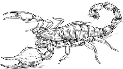 Detailed black and white scorpion illustration with sharp pincers and curved tail. Vector illustration