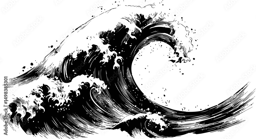 Poster black and white illustration of a huge ocean wave with dynamic motion lines. vector illustration