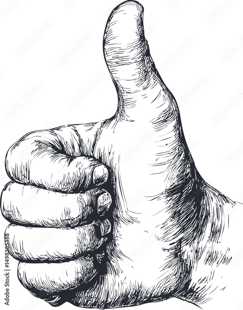 Poster sketch of a hand showing a thumbs up gesture with detailed shading lines. vector illustration