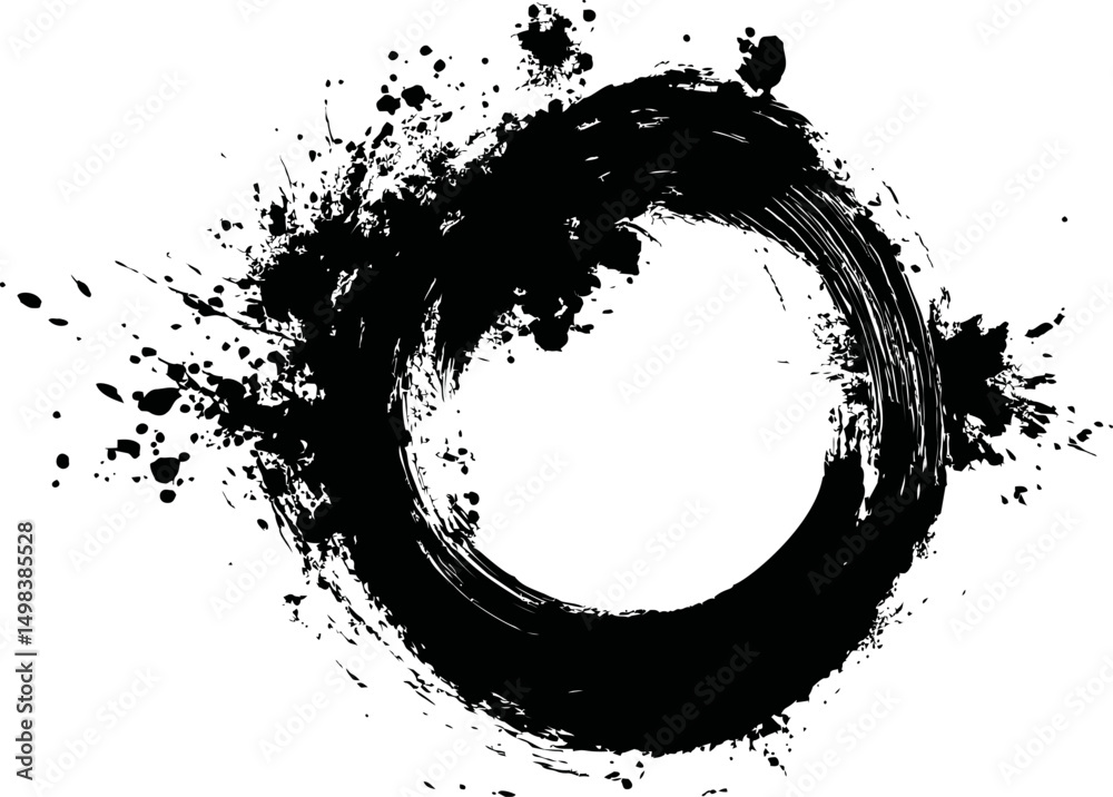 Poster abstract black ink splatter forming a circular shape on white background. vector illustration