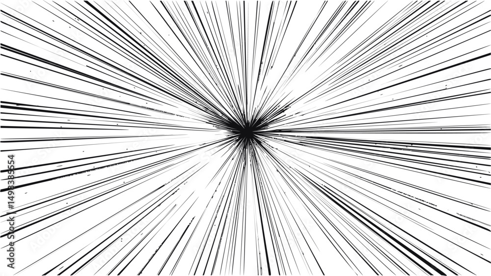 Poster radial speed lines converging to a central point in black and white illustration. vector illustratio