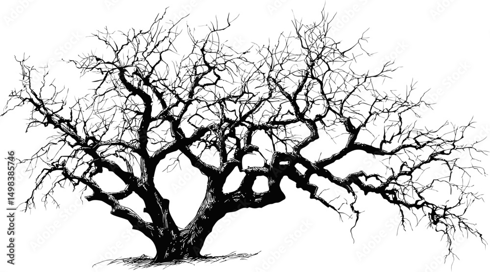 Aufkleber silhouette of a large leafless tree with intricate branches, black and white sketch. vector illustra