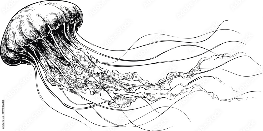 Aufkleber intricate black and white sketch of a jellyfish with long flowing tentacles. vector illustration