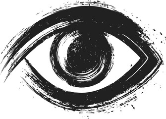 Grunge black and white illustration of an eye symbol with brush strokes. Vector illustration