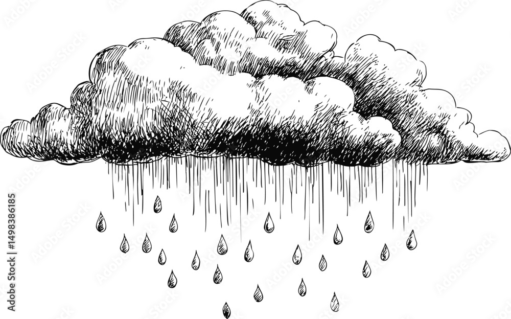 Aufkleber illustration of a rain cloud with falling raindrops in a sketch style. vector illustration