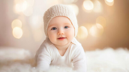 A cute baby on a blurred flare background, maternal and infant products