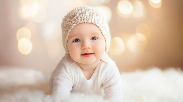 A cute baby on a blurred flare background, maternal and infant products