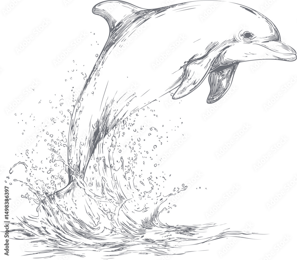 Aufkleber detailed sketch of a dolphin leaping from the ocean with splashes of water. vector illustration