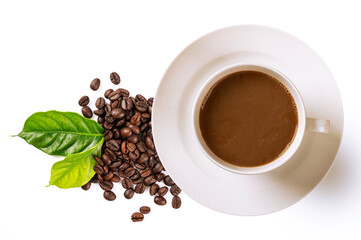 Top view . Coffee cup with coffee beans and leaves isolated on white background.
