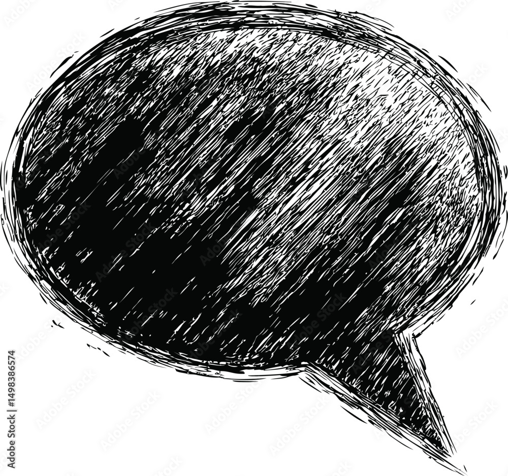 Poster hand-drawn sketch of a black speech bubble with textured shading. vector illustration