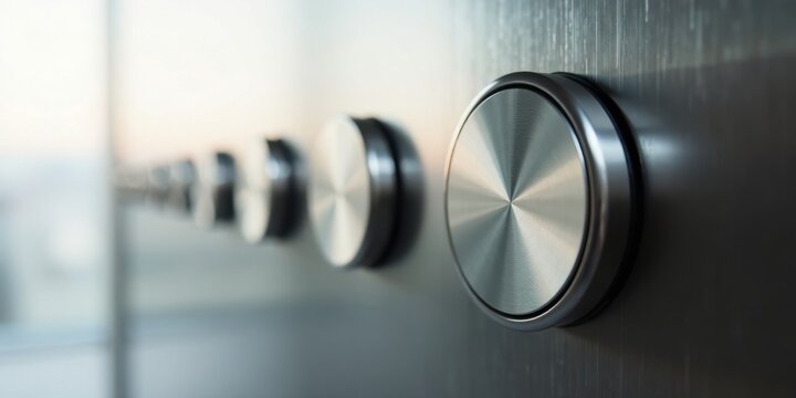 Close-up of metallic control knobs on a sleek, modern surface, suggesting advanced technology and precision engineering