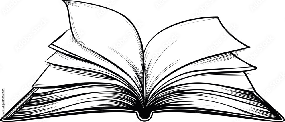 Poster Detailed black and white sketch of an open book with turning pages. Vector illustration