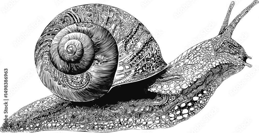 Poster intricate black and white illustration of a snail with detailed patterns. vector illustration