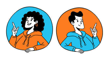Naklejka premium woman and man wearing hoodies, flat cartoon in orange and blue colors, doodle drawing style characters illustration set