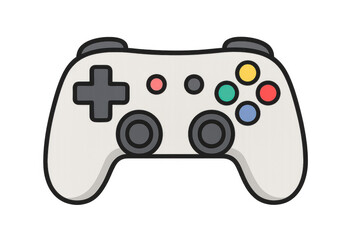 White gaming controller with vibrant buttons, featuring ergonomic design and directional pad, positioned against transparent backdrop