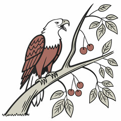 Majestic eagle perched on branch with cherries, transparent png