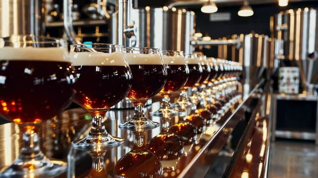 Craft brewery production: rows of freshly poured beer in modern stainless steel facility