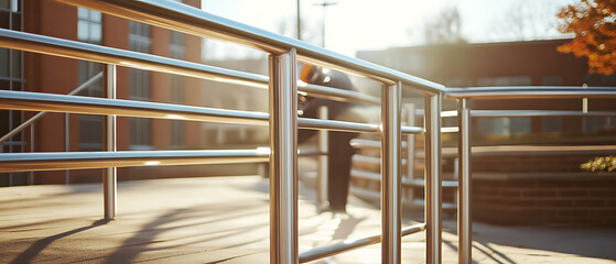 Metal Railings and Sunlit Walkway in Urban Setting