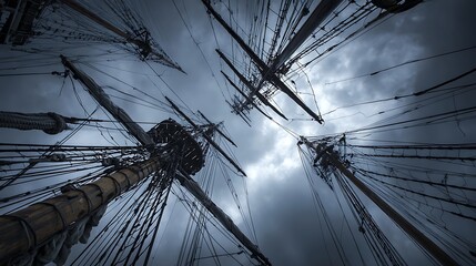 Fototapeta premium A striking perspective of ship masts intertwined with ropes