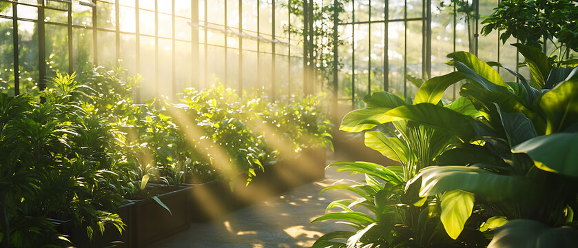 Sunlit Greenhouse with Lush Plants