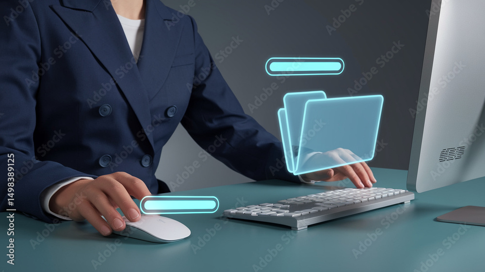 Poster woman in suit using computer with holographic folders and loading bars on a teal colored desk