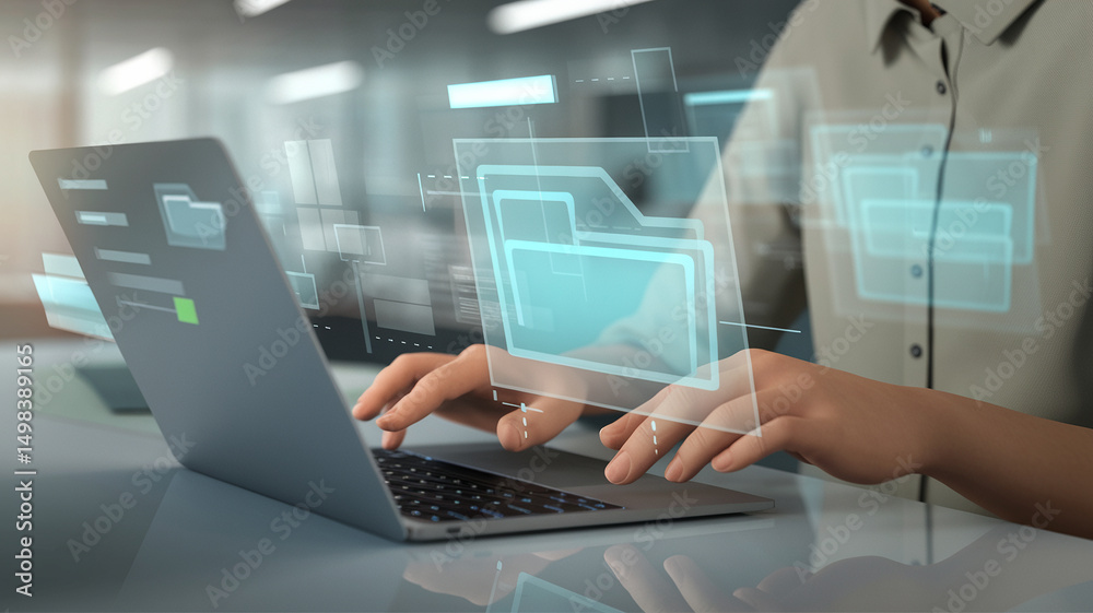 Poster Person typing on laptop with digital folder overlays representing file management and data storage