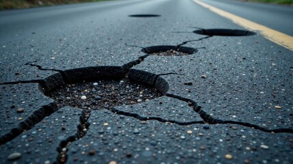 A Detailed Close-Up View of Severely Cracked Asphalt Road Surface Revealing Underlying Gravel