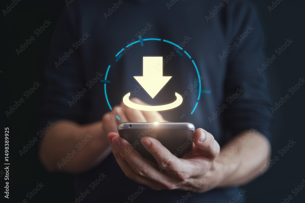 Poster person holding a smartphone with a download icon hovering above the device in a dark environment