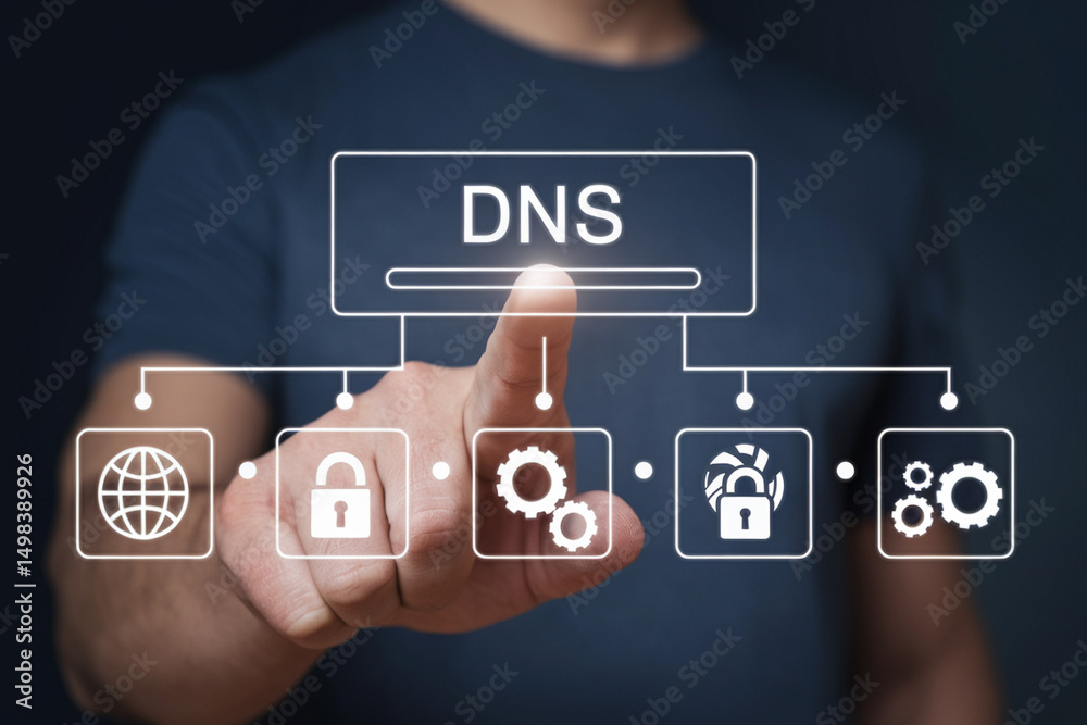 Poster A person pointing at a dns diagram with icons of a globe lock gears and a lock with a fan inside