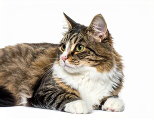 Domestic Cat Resting with Gentle Gaze and Soft Fur Texture on Isolated White Background