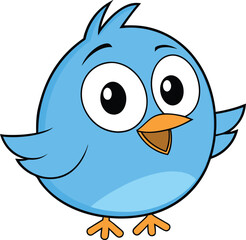 Illustration of a cartoon blue bird with big eyes and orange beak standing on a white background