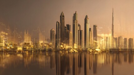 Fototapeta premium Double Exposure of Gold Bars and Financial Figures in Cityscape