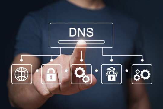 A person pointing at a dns diagram with icons of a globe lock gears and a lock with a fan inside