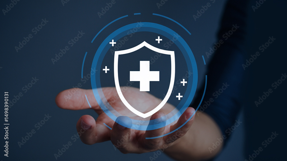 Poster a hand holding a shield with a plus sign inside surrounded by blue circles and plus signs on a dark 